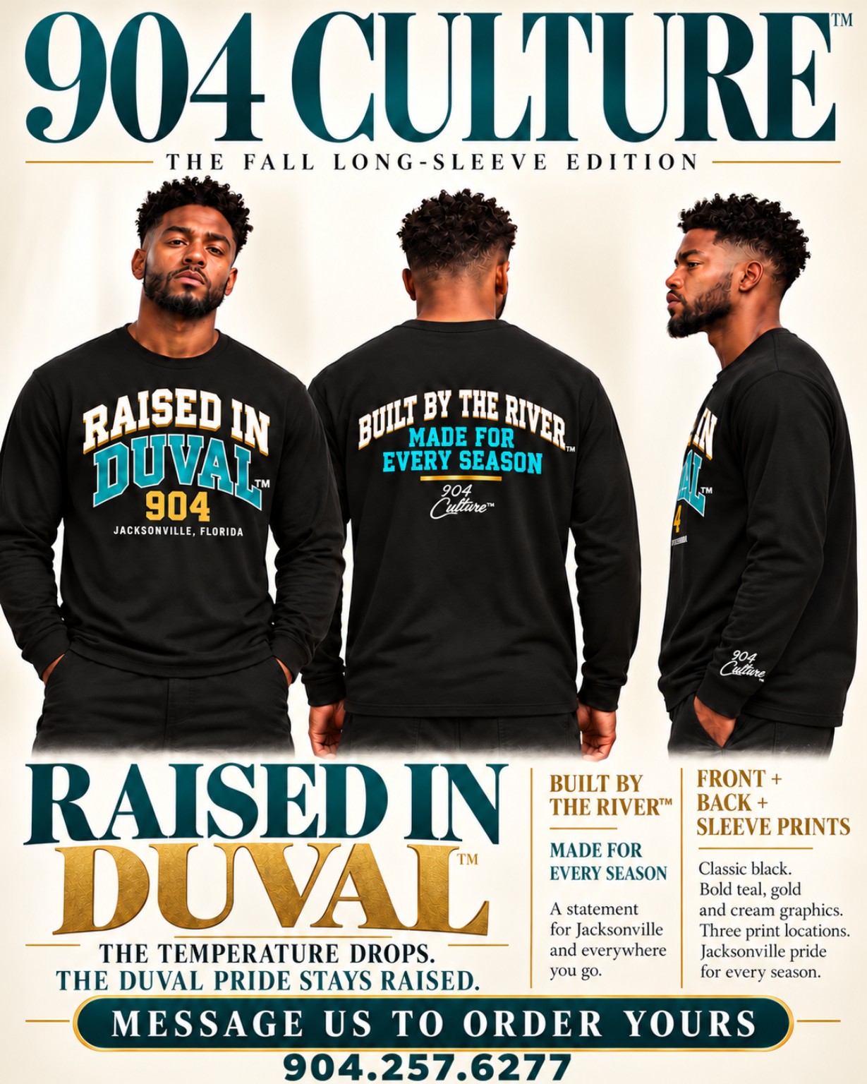 Fall Long-sleeve Edition: black crewneck tee with front, back and sleeve prints